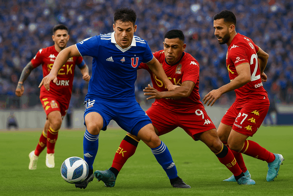 Jugador de la U de Chile domina el balón ante presión de Colo Colo y Audax Italiano