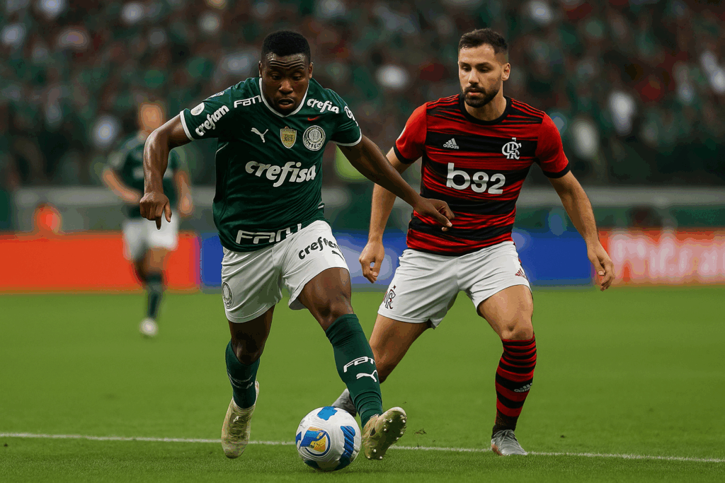Jugador de camiseta verde intenta rematar mientras es marcado por un rival con camiseta roja y negra, en un estadio lleno